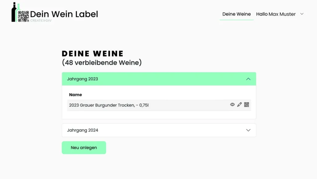 Benutzerfreundliches Dashboard von dein-wein-label.de zur Erstellung von E-Labels und QR-Codes.